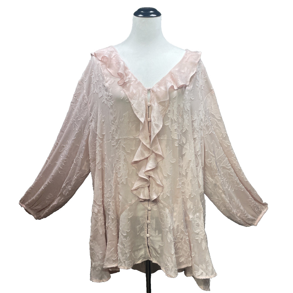 FESTI Pink Burnout Floral Ruffle V-Neck Blouse Long Slv Boho Romantic Size 2/2X